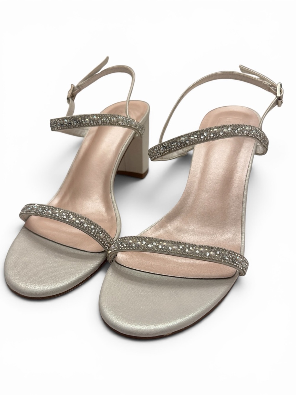 Embellished Ankle-Strap Block Heel Sandals in Silver